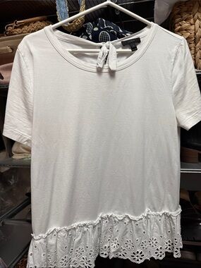 J.Crew White Short Sleeve Tee with Eyelet Ruffle and Back Tie Detail